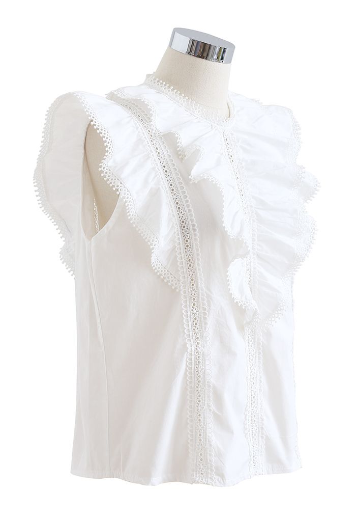 Layered Ruffle Crochet Trim Sleeveless Top in White
