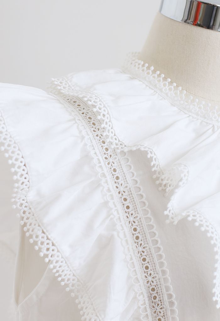 Layered Ruffle Crochet Trim Sleeveless Top in White