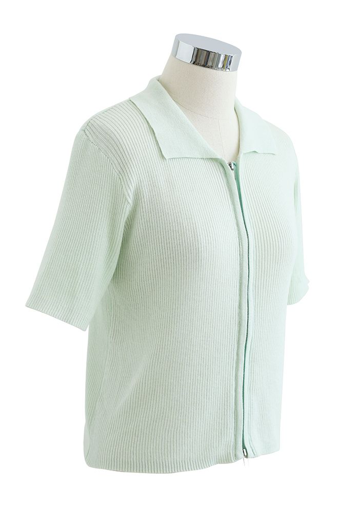 Double Zippers Short Sleeve Rib Knit Cardigan in Light Green - Retro ...