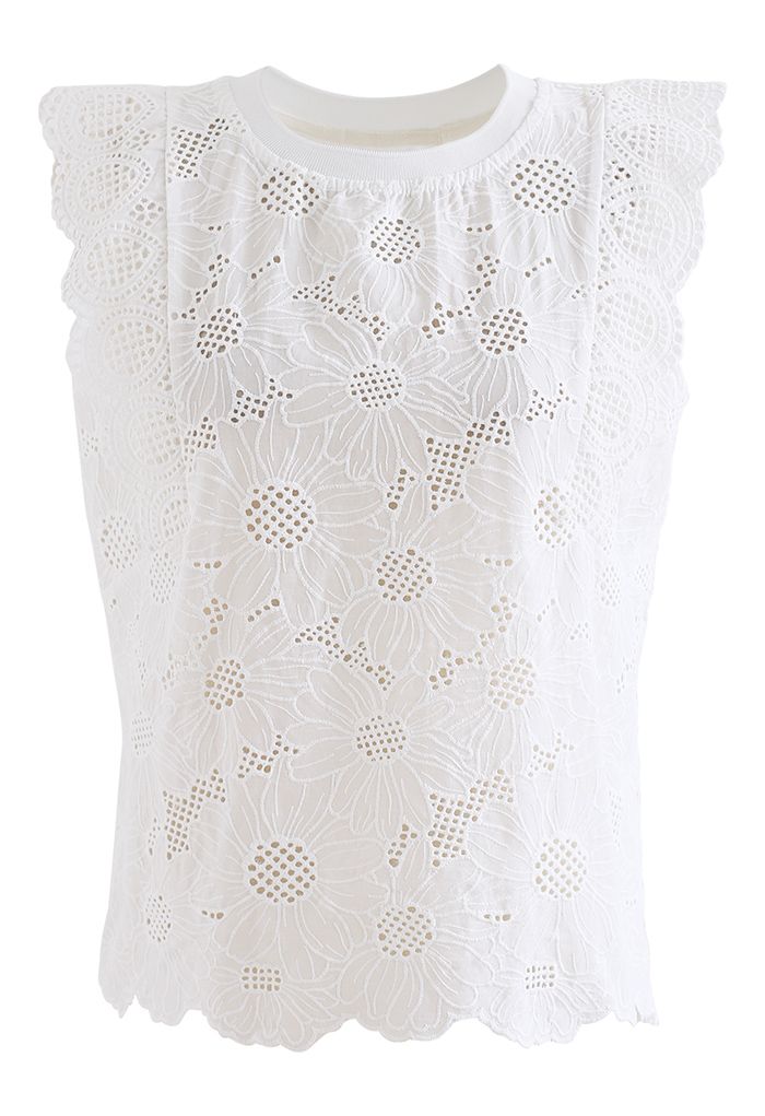Scallop Petal Embroidered Eyelet Sleeveless Top in White - Retro, Indie ...