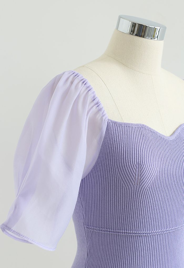 Sweetheart Neck Spliced Sleeve Crop Knit Top in Purple