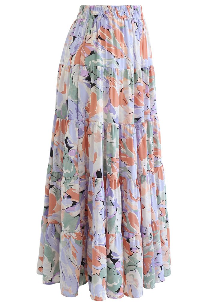 Wondrous Floral Frilling Chiffon Maxi Skirt in Lavender