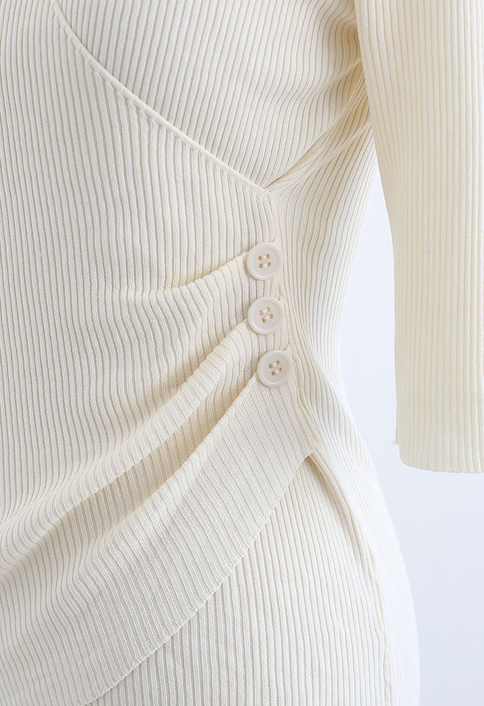 Side Button Wrapped Knit Top in Cream