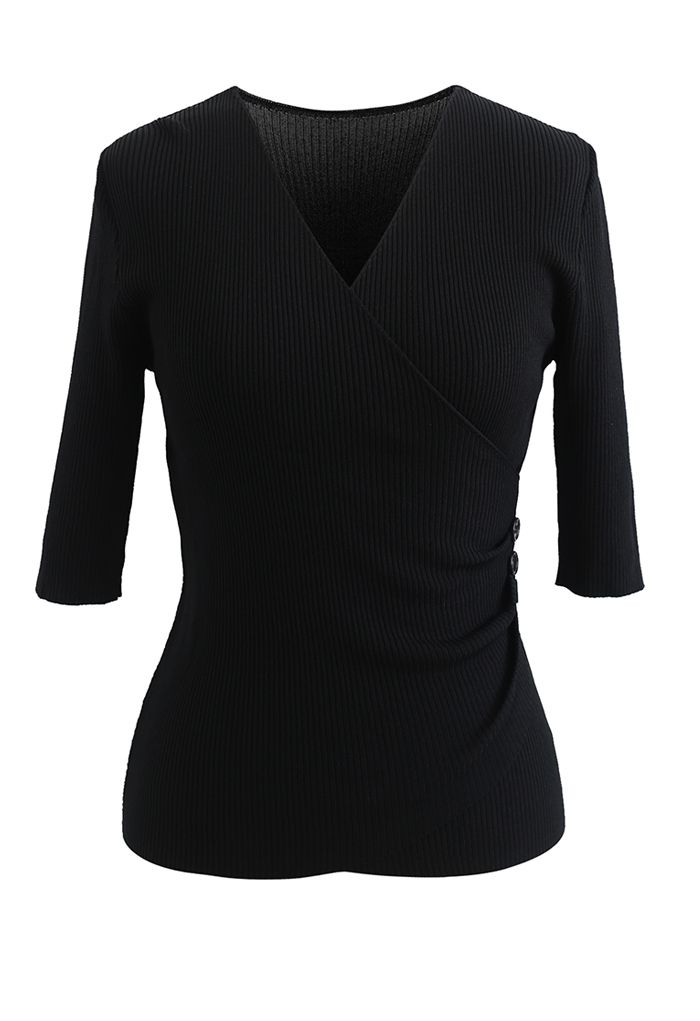 Side Button Wrapped Knit Top in Black