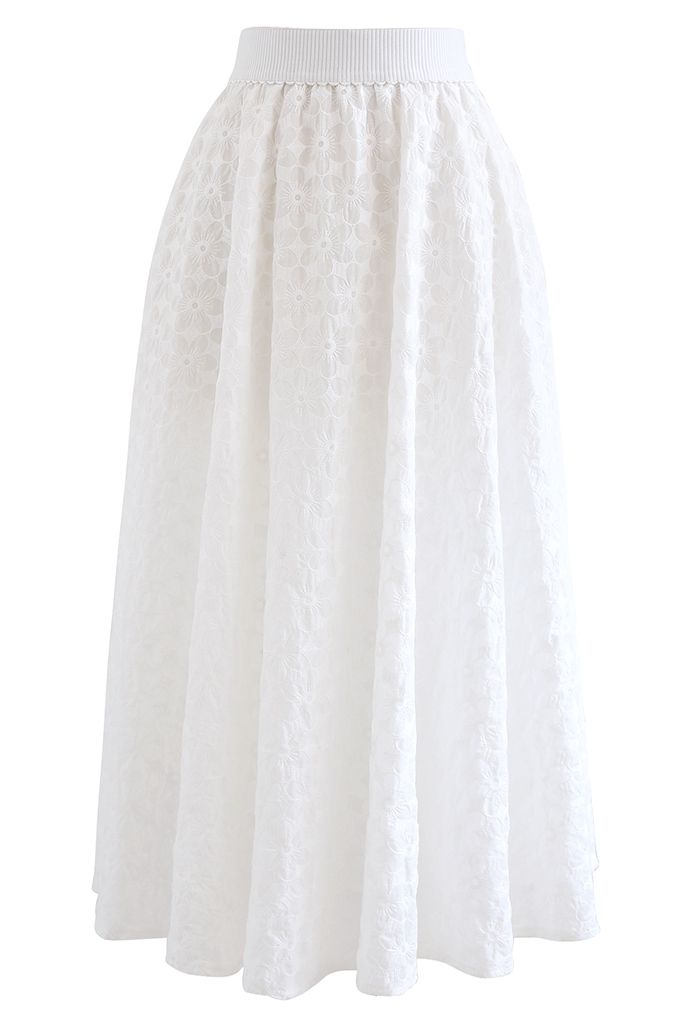 Embroidered Daisy Midi Skirt in White - Retro, Indie and Unique Fashion