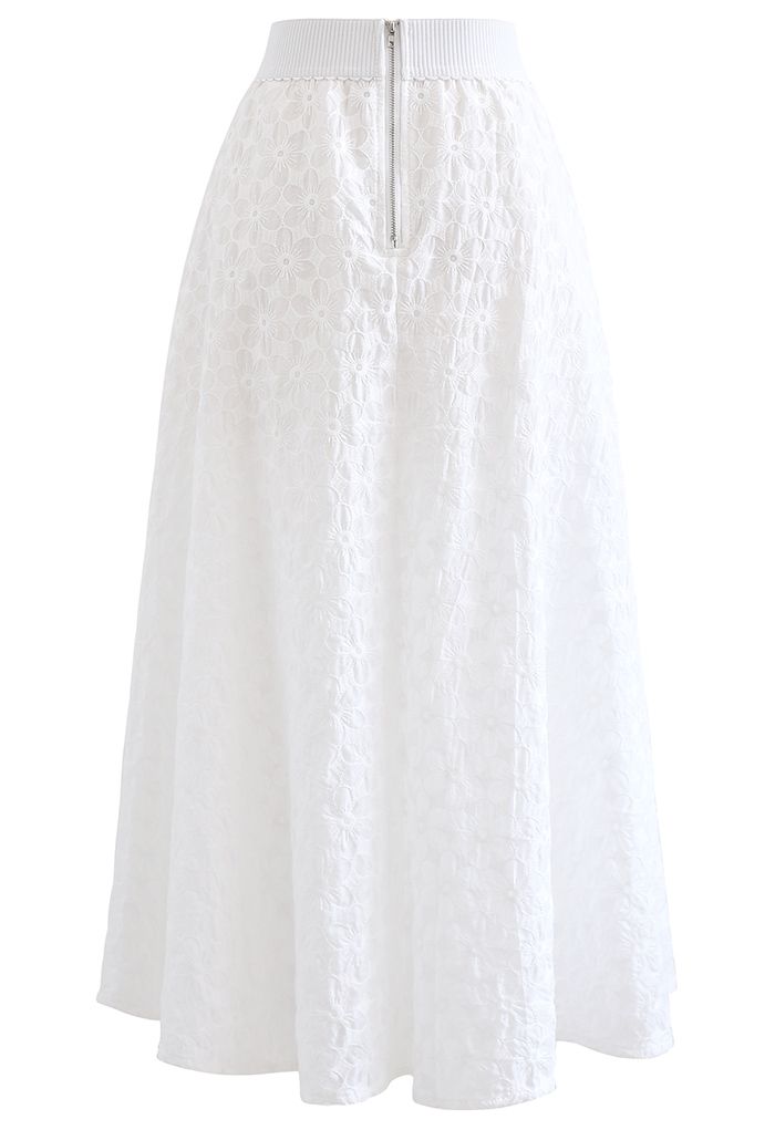Embroidered Daisy Midi Skirt in White - Retro, Indie and Unique Fashion