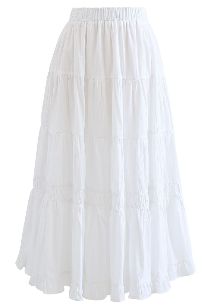 Solid Color Frilling Cotton Midi Skirt in White