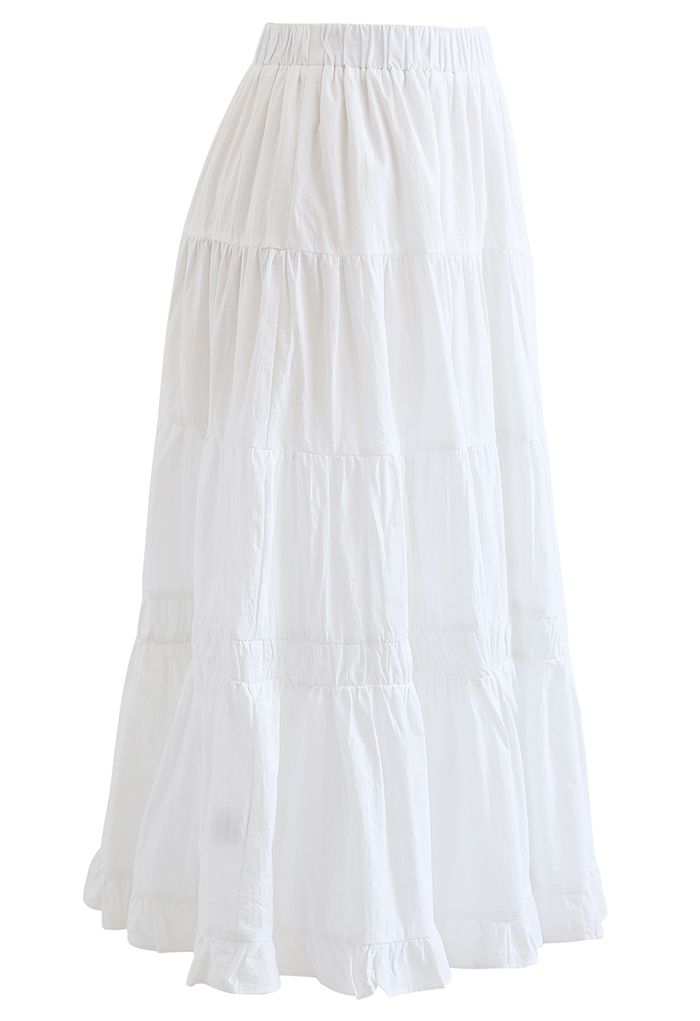 Solid Color Frilling Cotton Midi Skirt in White