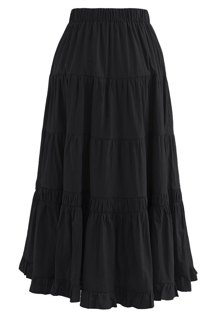 Solid Color Frilling Cotton Midi Skirt in Black - Retro, Indie and ...
