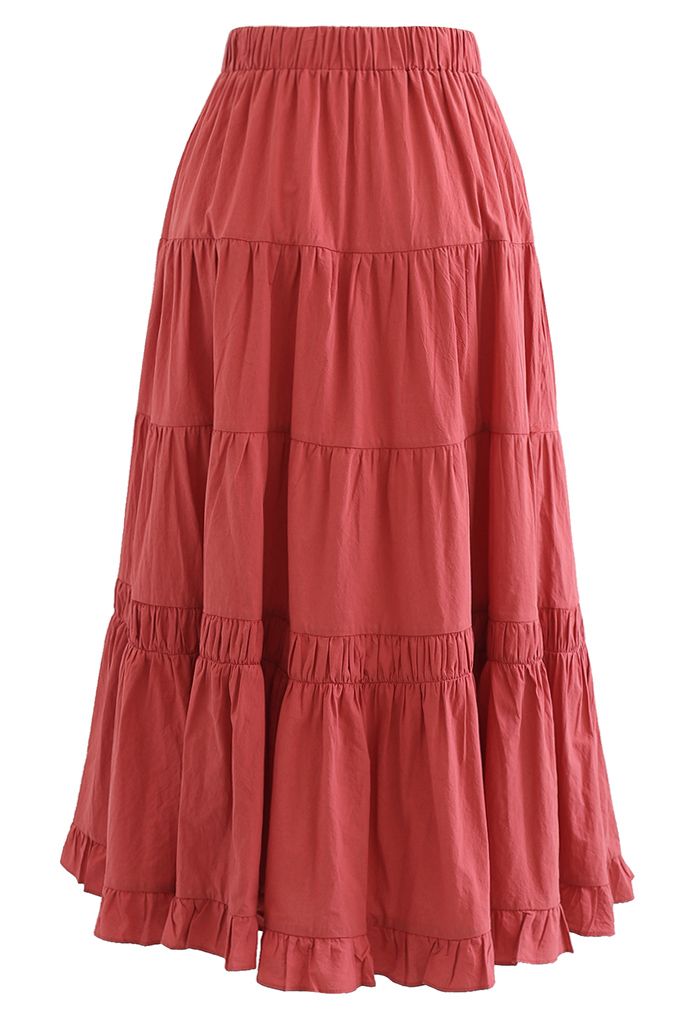 Solid Color Frilling Cotton Midi Skirt in Red