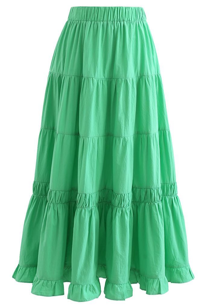 Solid Color Frilling Cotton Midi Skirt in Green - Retro, Indie and ...