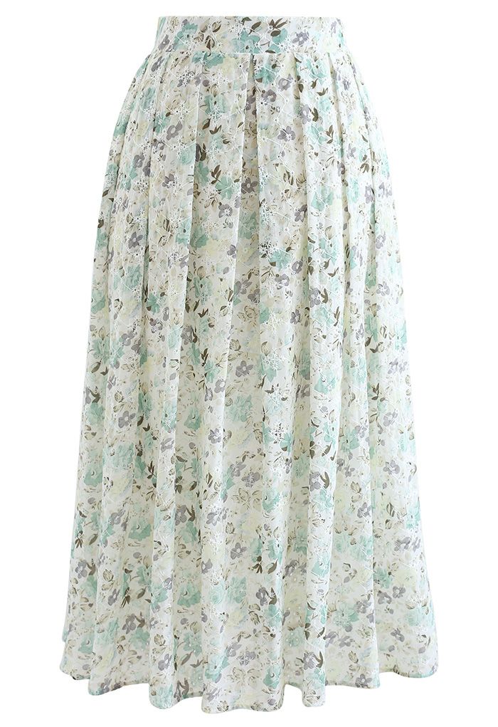 Minty Floral Print Embroidered Eyelet Pleated Skirt - Retro, Indie and ...