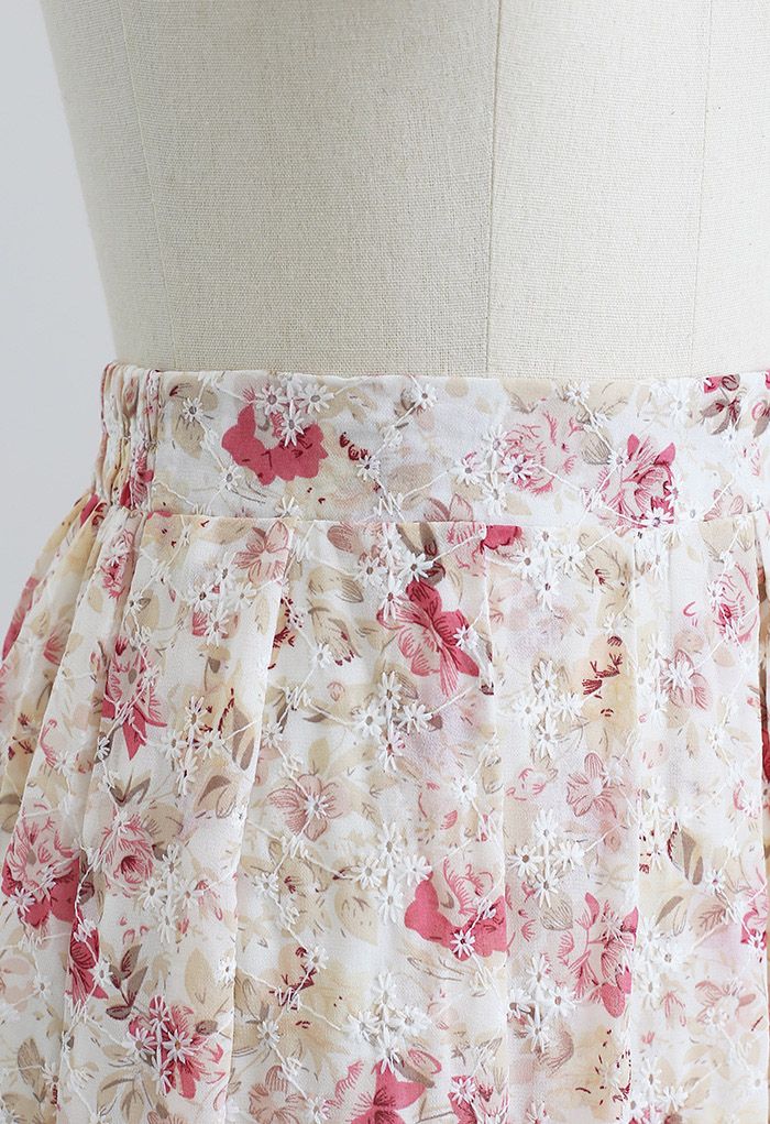Pinky Floral Print Embroidered Eyelet Pleated Skirt - Retro, Indie and ...