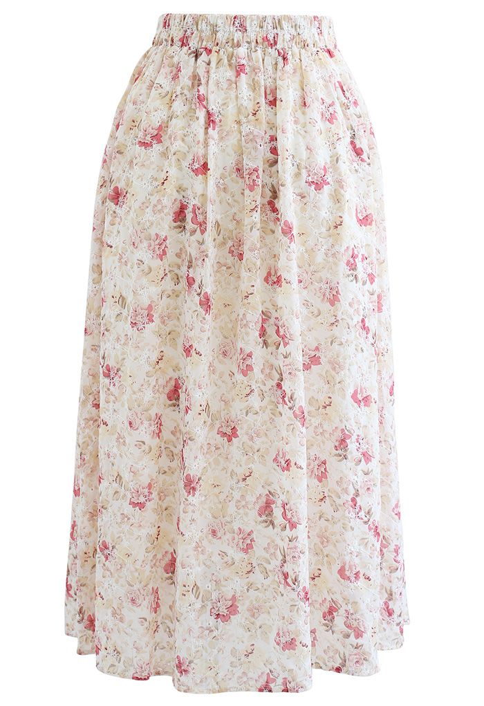 Pinky Floral Print Embroidered Eyelet Pleated Skirt - Retro, Indie and ...