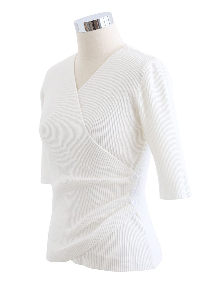 Side Button Wrapped Knit Top in White