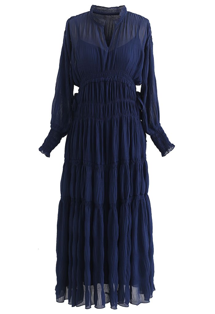 Full Shirring Side Drawstring Chiffon Dress in Navy - Retro, Indie and ...