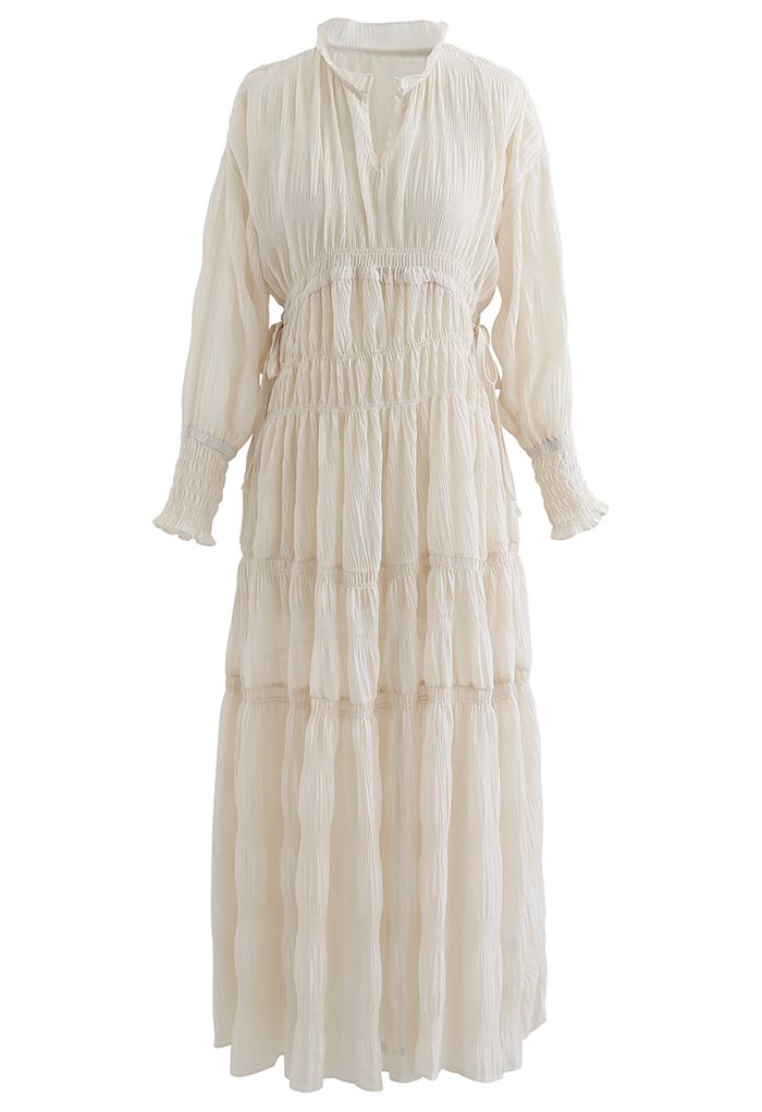Full Shirring Side Drawstring Chiffon Dress in Cream - Retro, Indie and ...