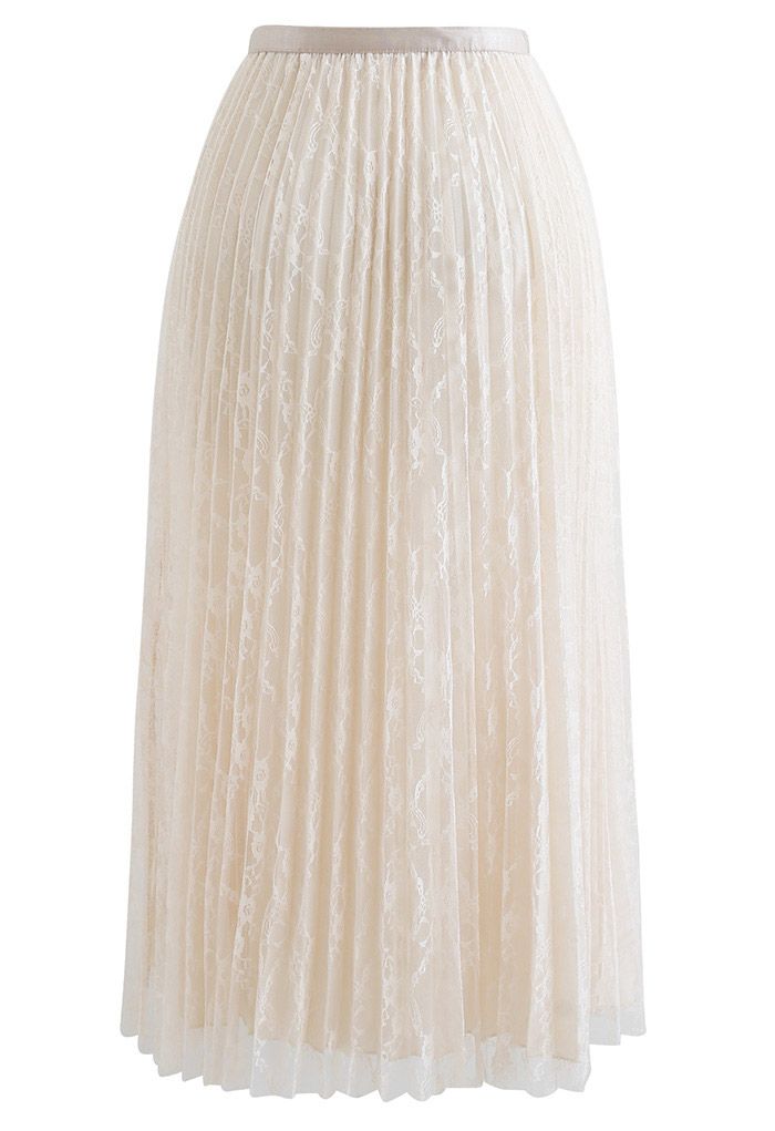 Full Lace Pleated Midi Skirt in Cream - Retro, Indie and Unique Fashion
