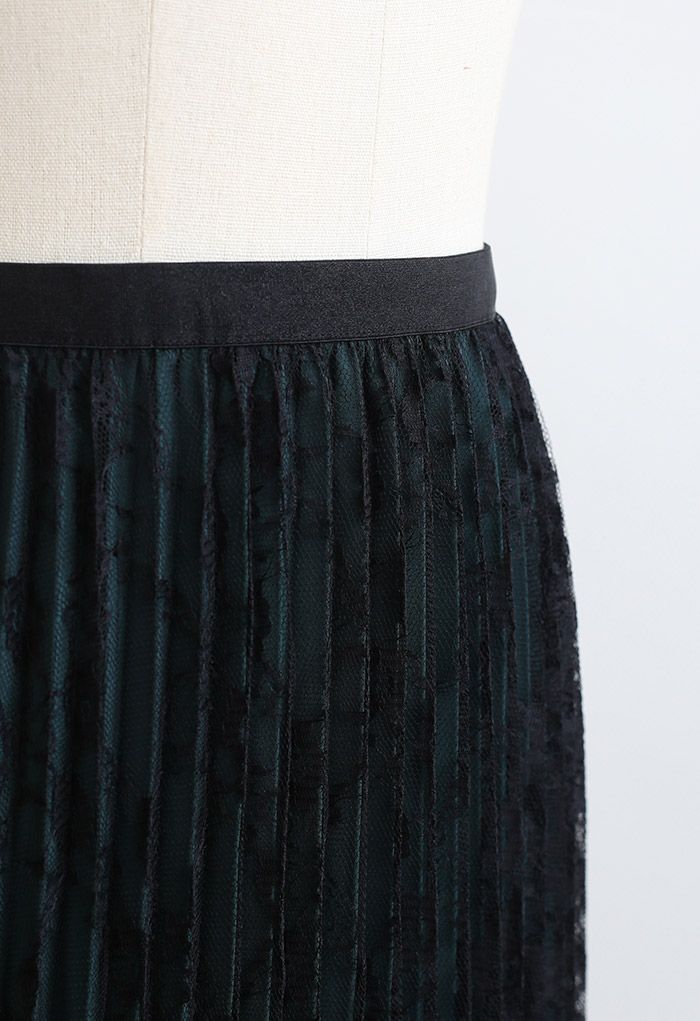 Full Lace Pleated Midi Skirt in Black