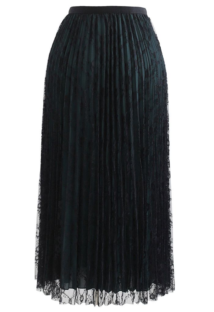 Full Lace Pleated Midi Skirt in Black
