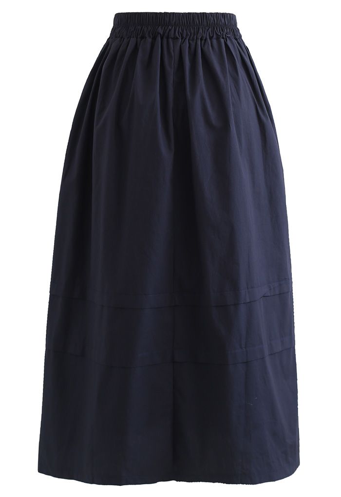 Pintuck Detail Decorated Midi Skirt in Navy