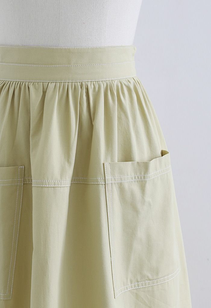 Contrast Line Patched Pocket Midi Skirt in Mustard