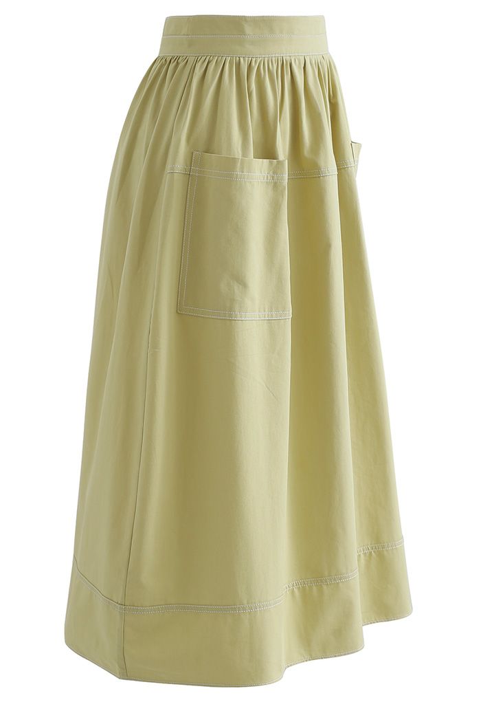 Contrast Line Patched Pocket Midi Skirt in Mustard