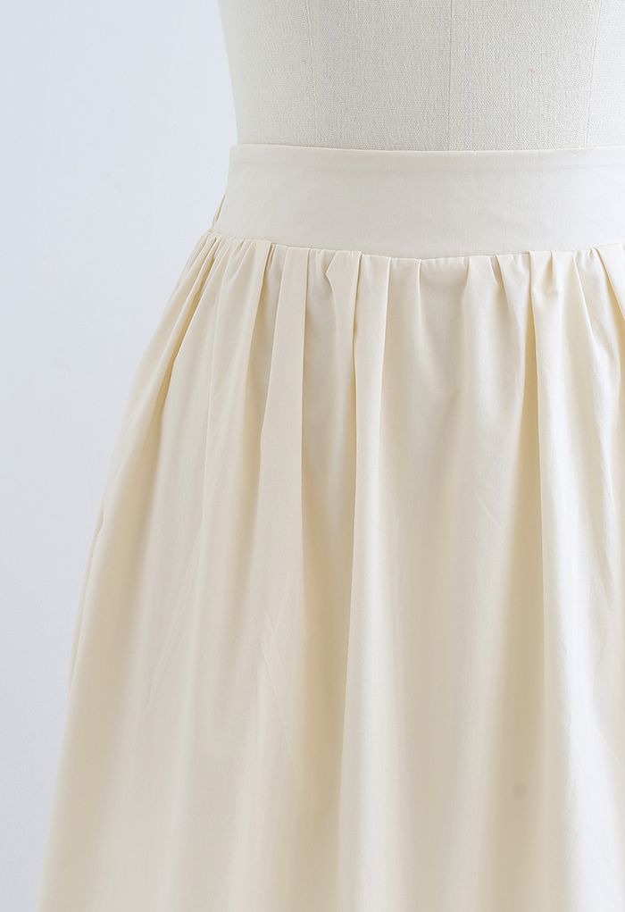 Pintuck Detail Decorated Midi Skirt in Cream