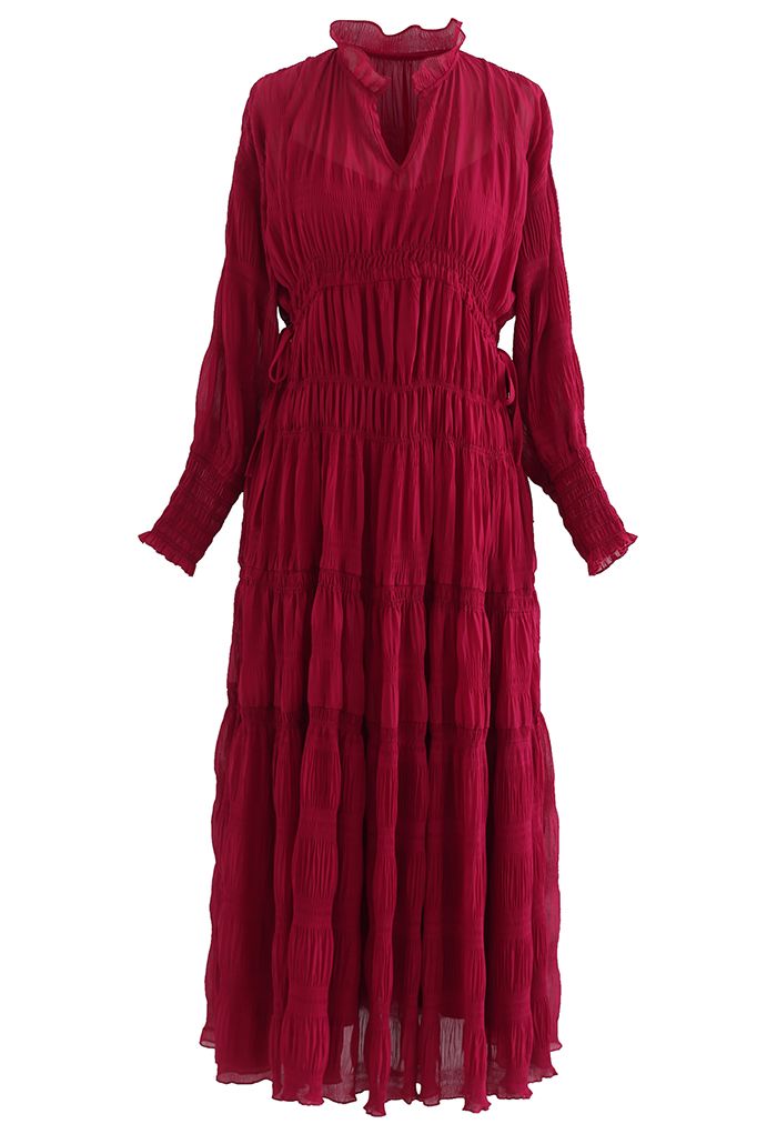 Full Shirring Side Drawstring Chiffon Dress in Red - Retro, Indie and ...