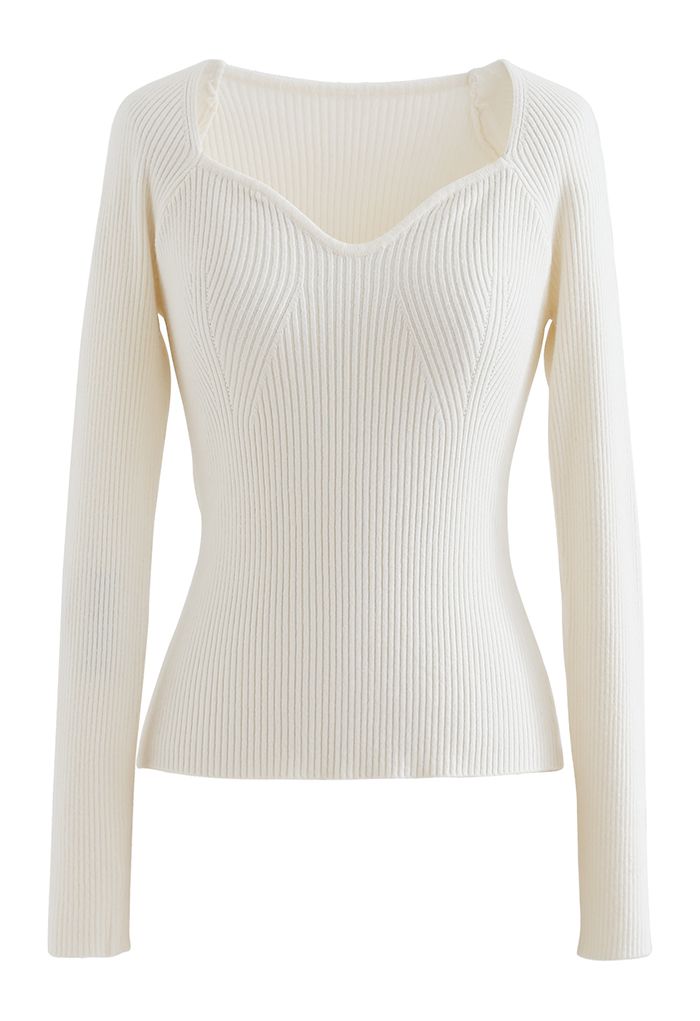 Square Neck Long Sleeves Fitted Knit Top in White - Retro, Indie and ...