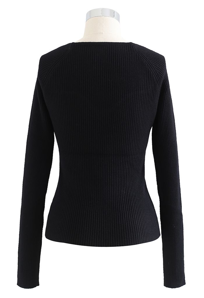 Square Neck Long Sleeves Fitted Knit Top in Black - Retro, Indie and ...