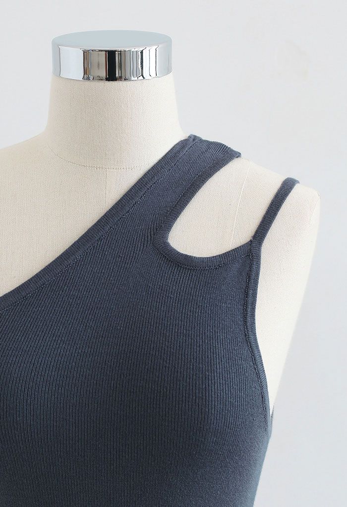 Dual Strap One-Shoulder Crop Knit Top in Grey