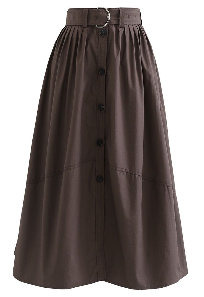 Brown Belted Button Down Pleated Midi Skirt - Retro, Indie and Unique ...