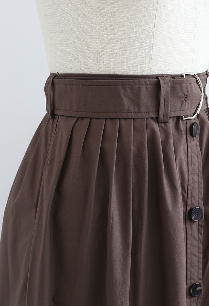 Brown Belted Button Down Pleated Midi Skirt - Retro, Indie and Unique ...