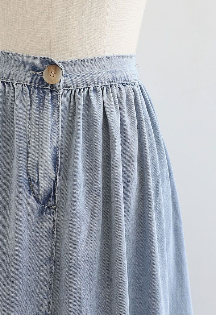Elastic Back Waist A-Line Denim Skirt in Washed Blue - Retro, Indie and ...