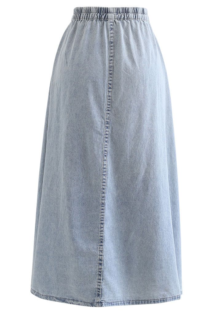 Elastic Back Waist A-Line Denim Skirt in Washed Blue - Retro, Indie and ...