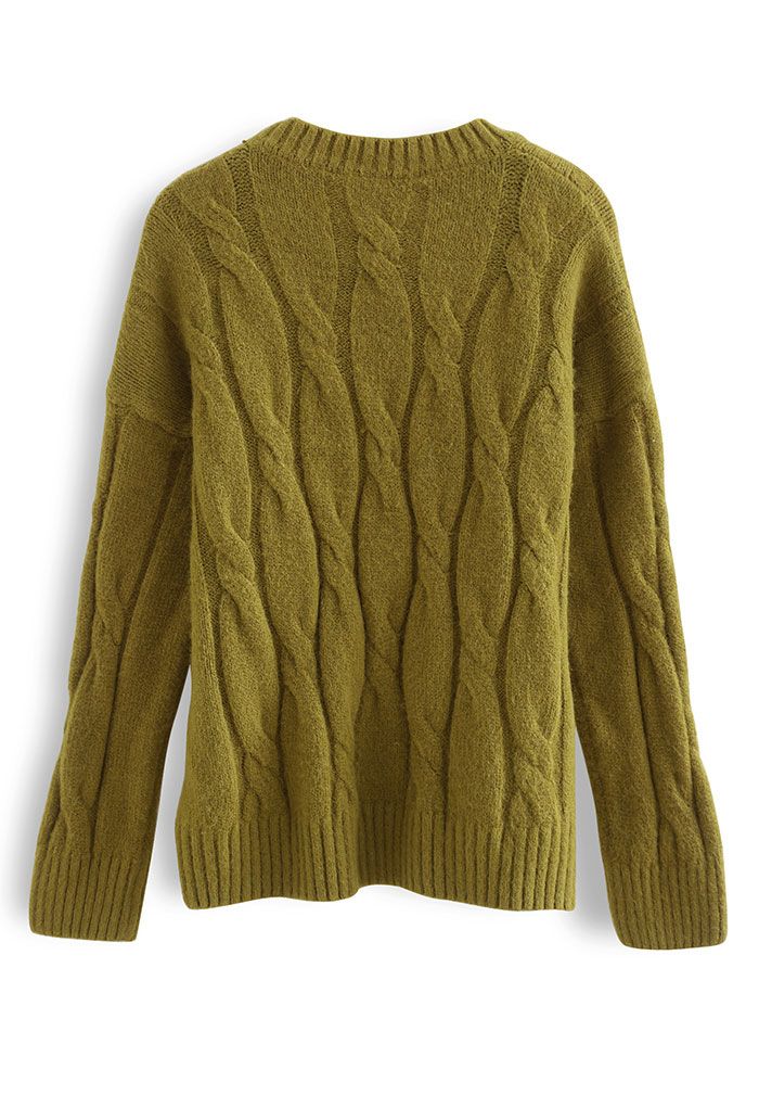 Braid Fuzzy Knit Sweater in Moss Green