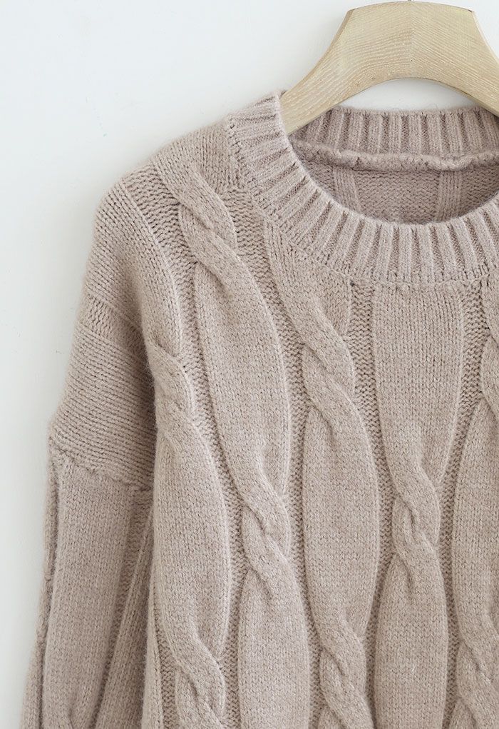 Braid Fuzzy Knit Sweater in Taupe