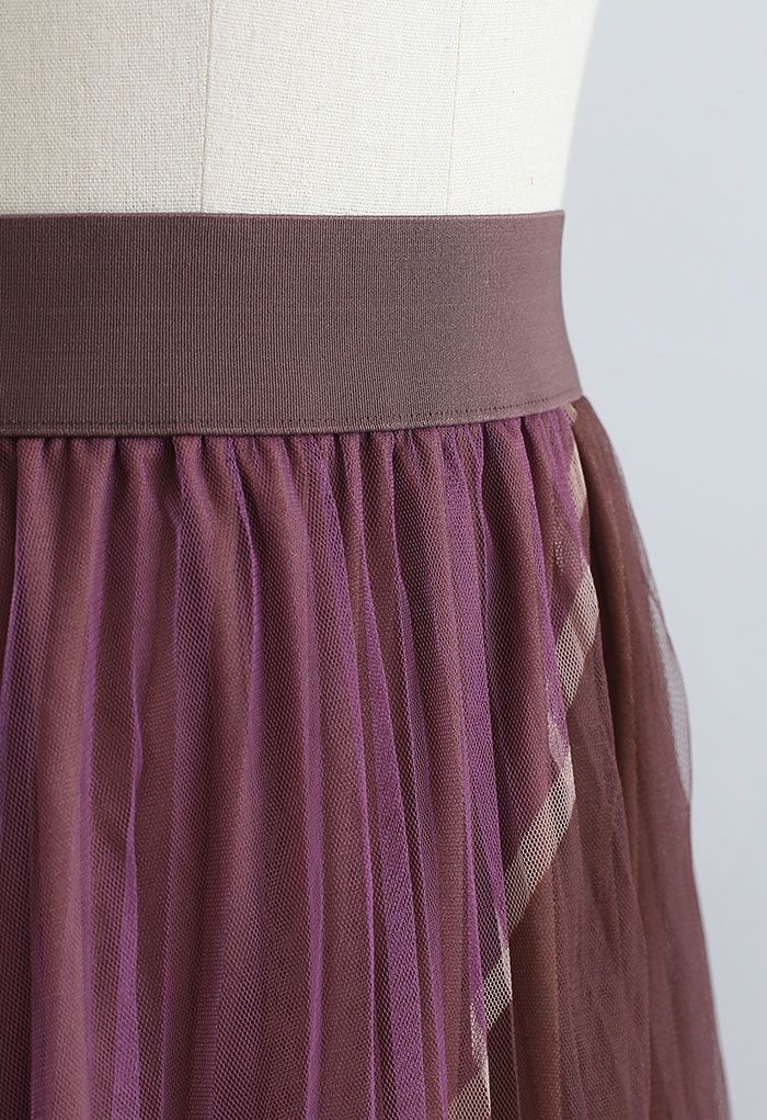 Double-Layered Color Block Mesh Tulle Midi Skirt in Brown - Retro ...