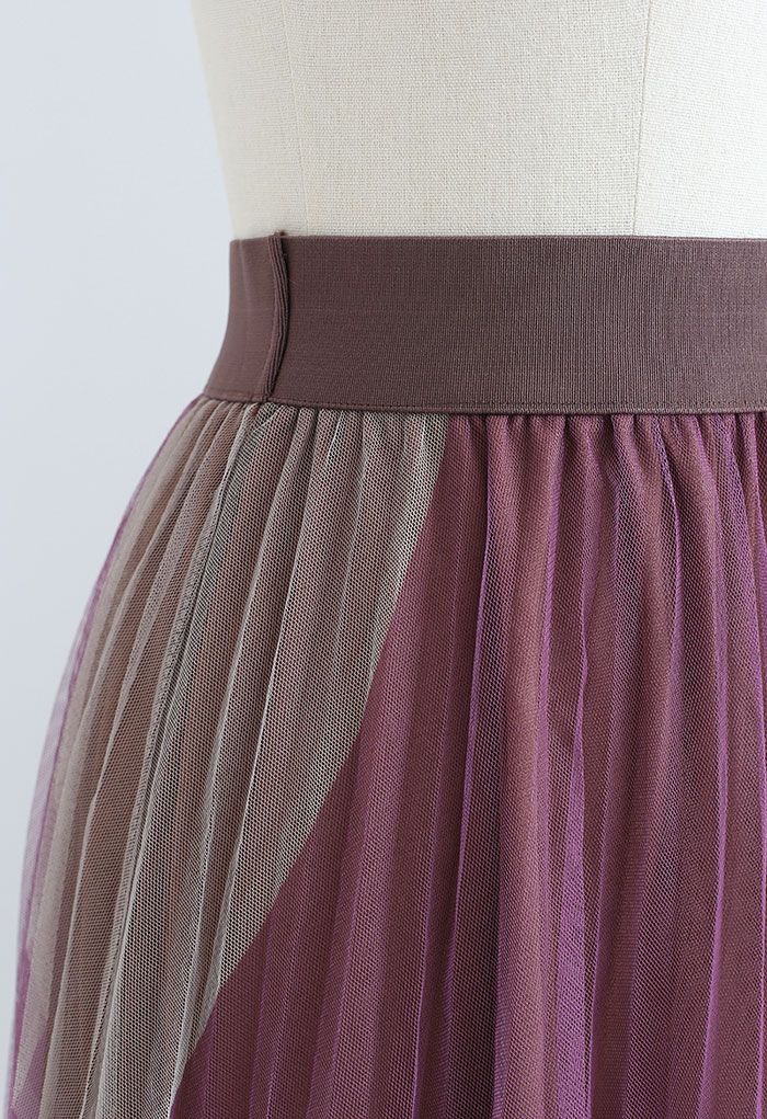 Double-Layered Color Block Mesh Tulle Midi Skirt in Brown - Retro ...