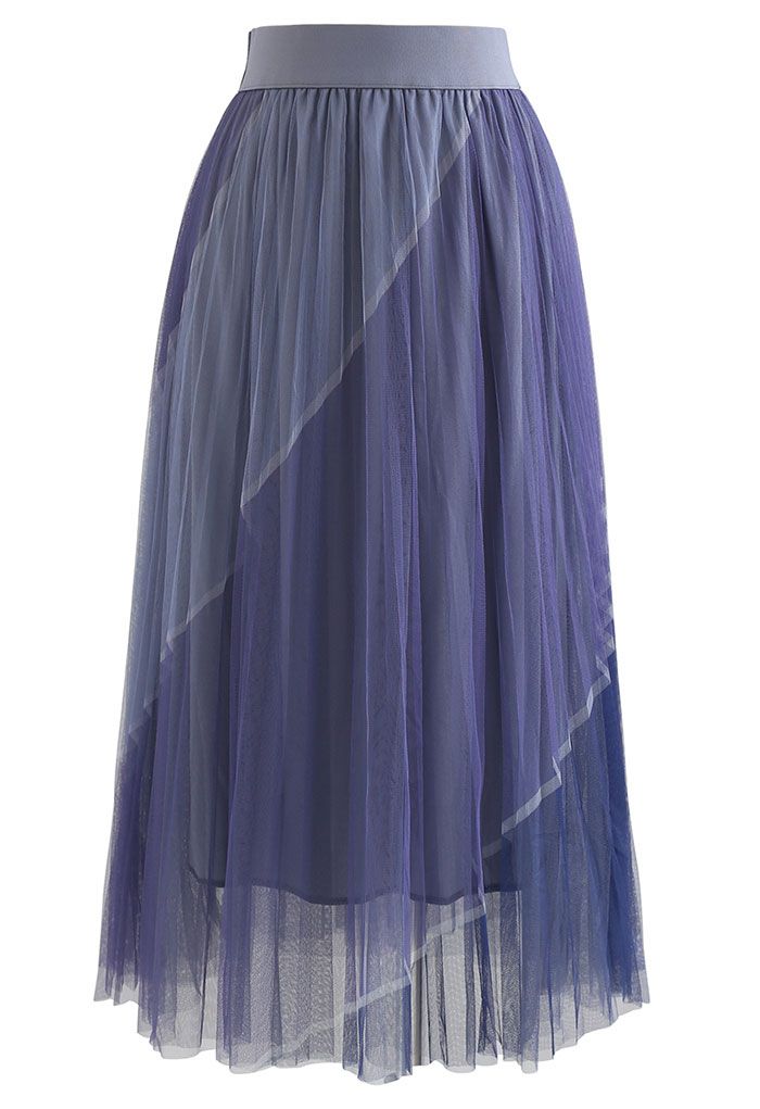 Double-Layered Color Block Mesh Tulle Midi Skirt in Dusty Blue - Retro ...