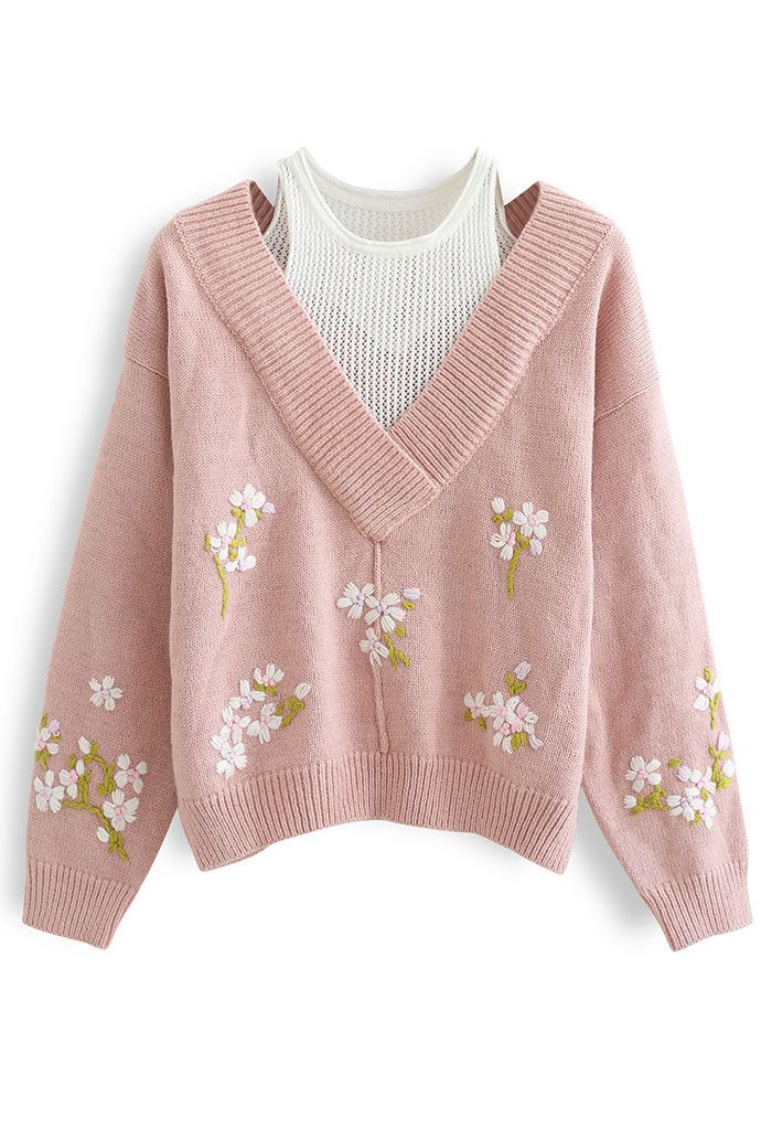 Fake Two-Piece Stitched Flower Knit Sweater