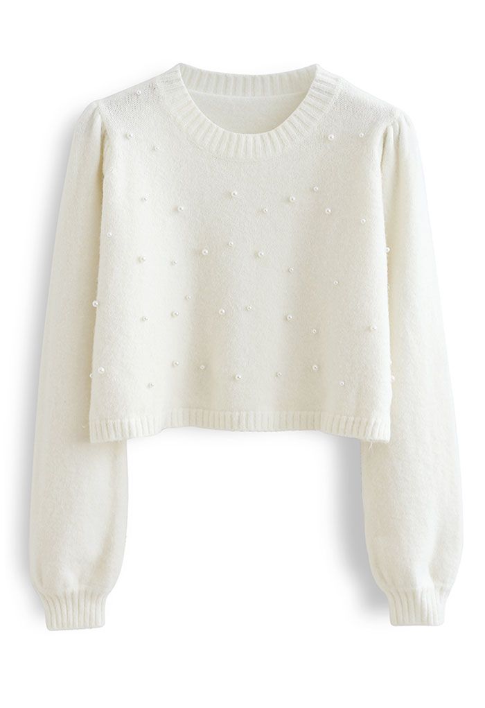 Pearls Trim Crop Knit Sweater in Ivory