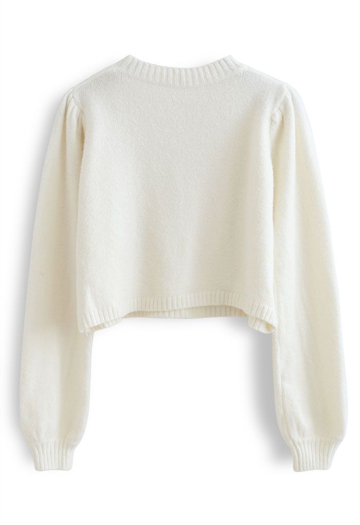 Pearls Trim Crop Knit Sweater in Ivory
