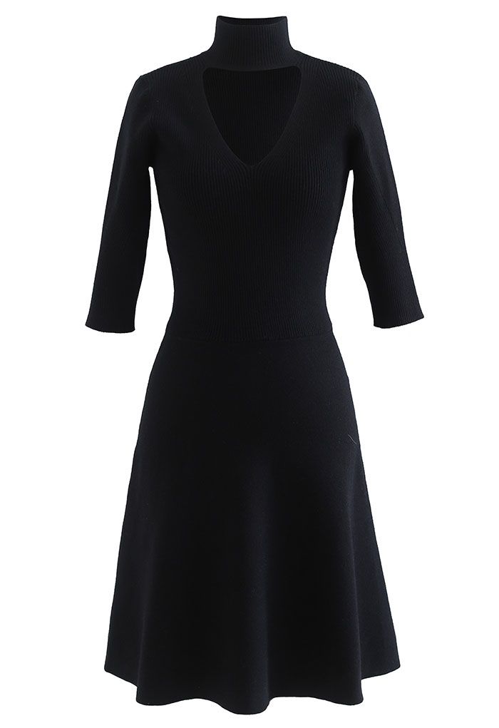 V-Shape Cutout Ribbed Knit Midi Dress in Black