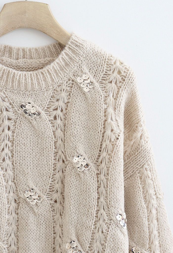 Braid Sequin Embellished Fuzzy Knit Sweater in Sand
