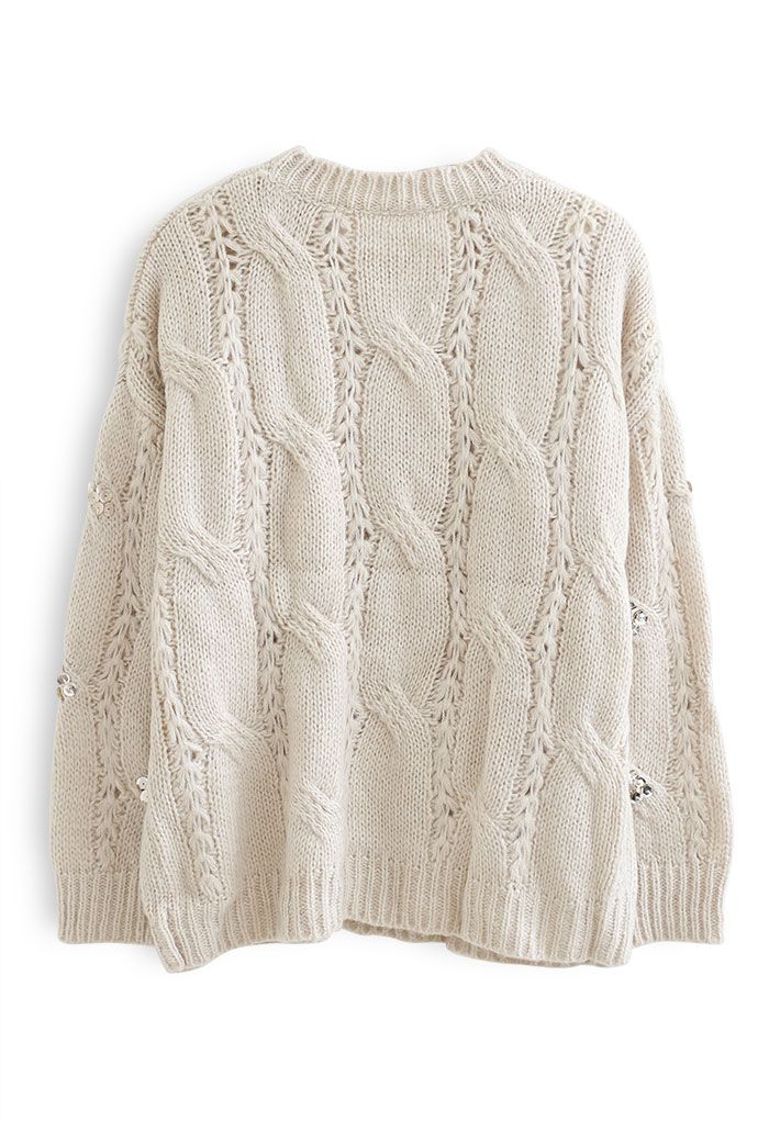 Braid Sequin Embellished Fuzzy Knit Sweater in Sand