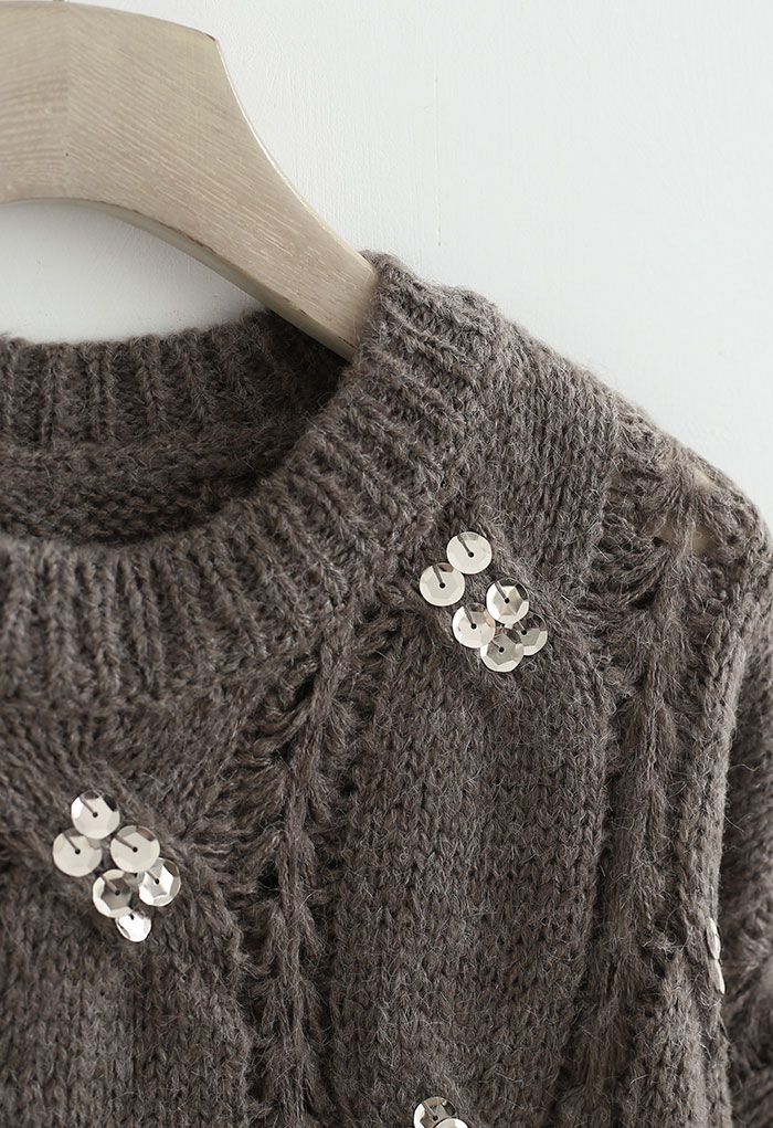 Braid Sequin Embellished Fuzzy Knit Sweater in Taupe