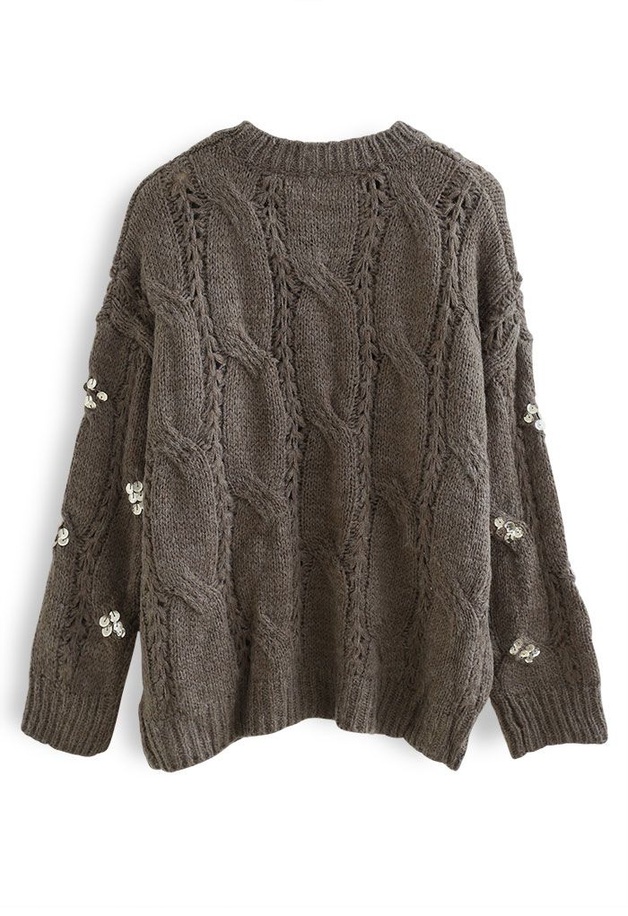 Braid Sequin Embellished Fuzzy Knit Sweater in Taupe