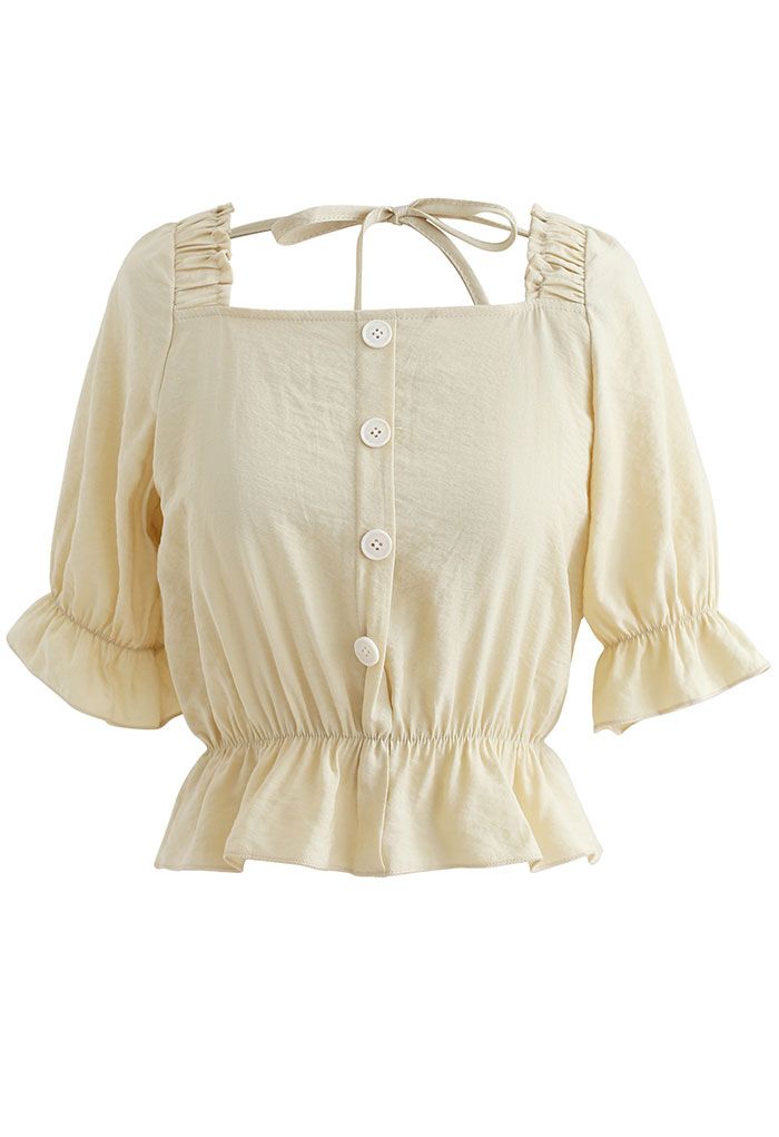 Square Neck Button Trim Crop Top in Light Yellow - Retro, Indie and ...